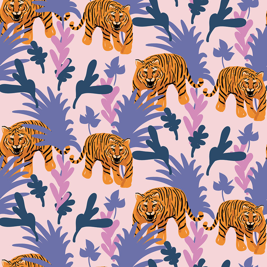 seamless pattern with tigers in the jungle. Tropical pink and purple background. Roaring wild cat in woods. Drawing