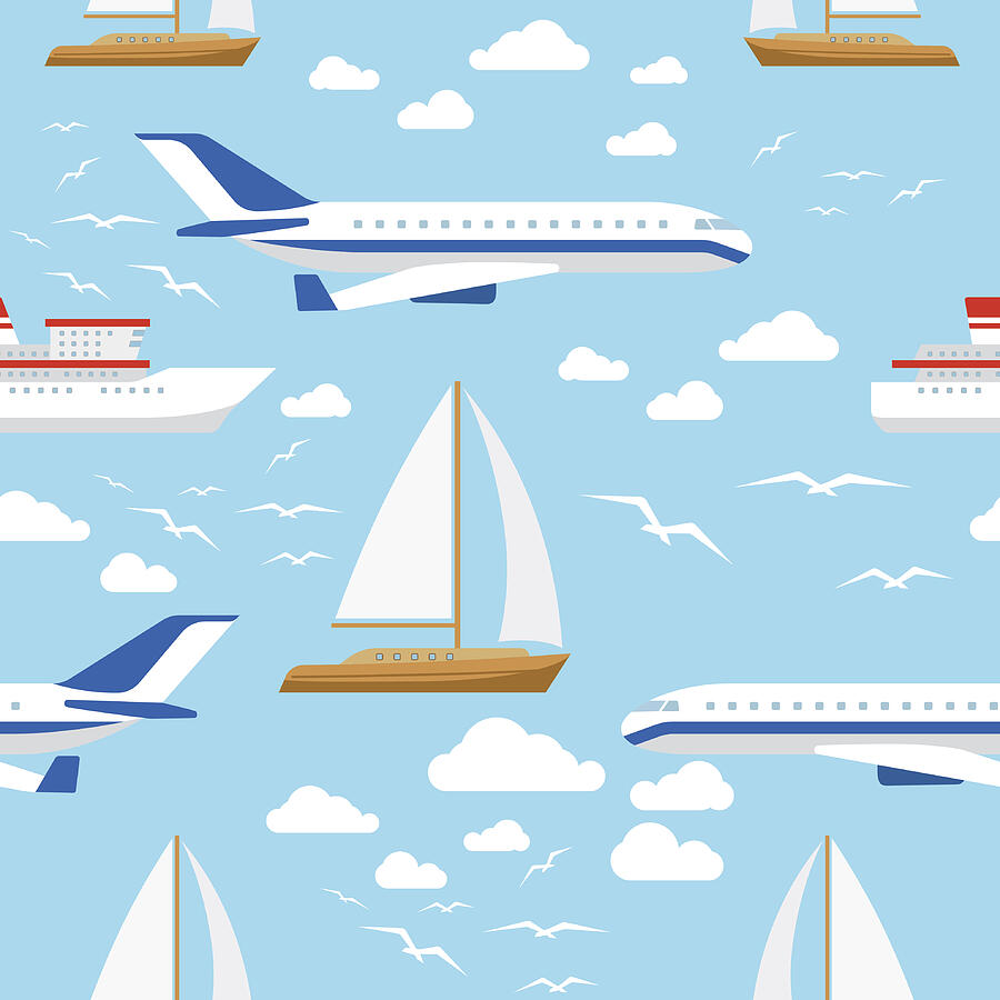 Seamless pattern with transport and clouds Drawing by S-s-s