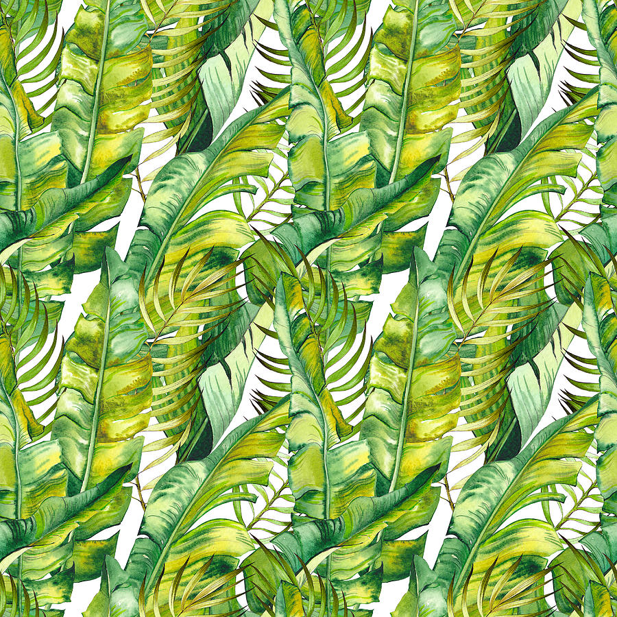 Seamless Pattern With Tropical Banana Leaves. Watercolor On White Background. Drawing