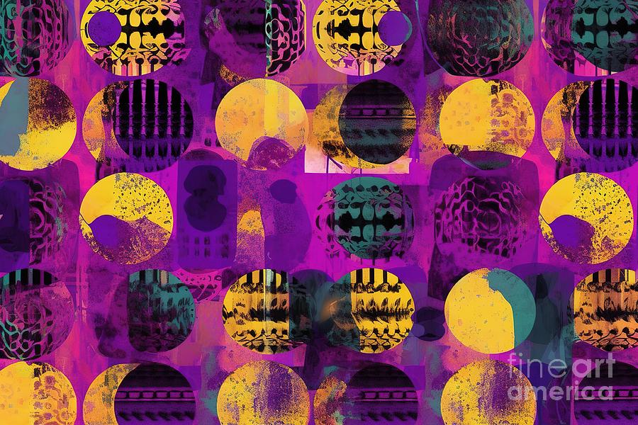 Vintage Painting - Seamless Pop Art Grunge Glitch Circles Patchwork Background Pattern Trendy Gender Neutral Violet And Yellow Dopamine Dressing Polka Dot Textile Swatch Contemporary Fashion Fabric Texture Backdrop by N Akkash