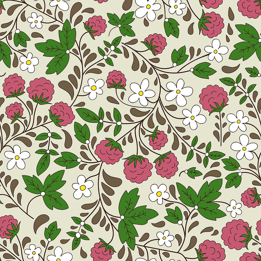 Seamless raspberry pattern. Vector illustration. Drawing by Little_cuckoo