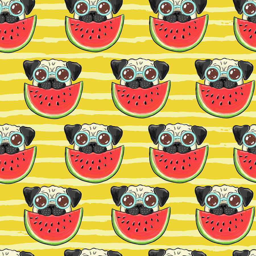 Summer Drawing - Seamless summer background pattern with funny pug dog in sunglasses eating watermelon by Julien