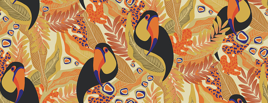 Seamless Textile Trendy Pattern With Toucans On A Branch In Tropical Nature In Exotic With Tropical Leaves Abstract Painting Drawing