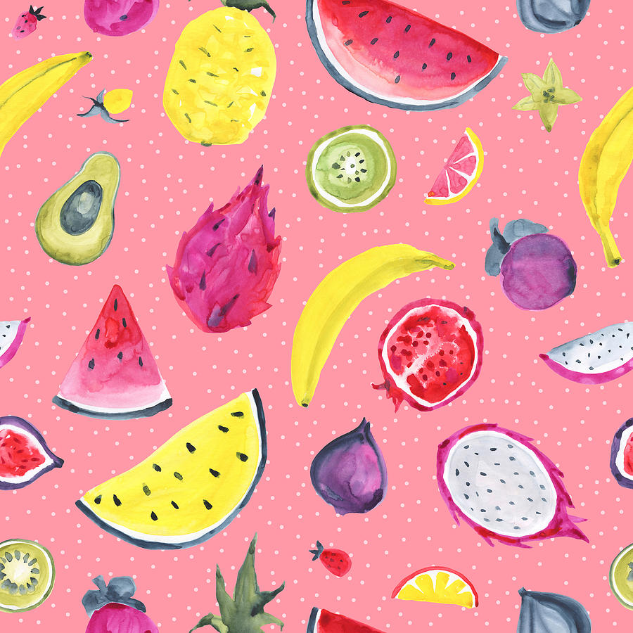Seamless Tropical Pattern Of Exotic Fruit. Hand Drawn Food Design Drawing