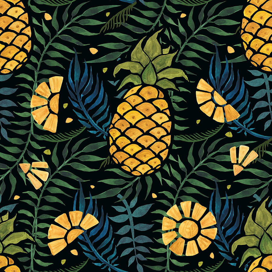 Abstract Drawing - Seamless tropical pattern with pineapples and palm leaves by Julien