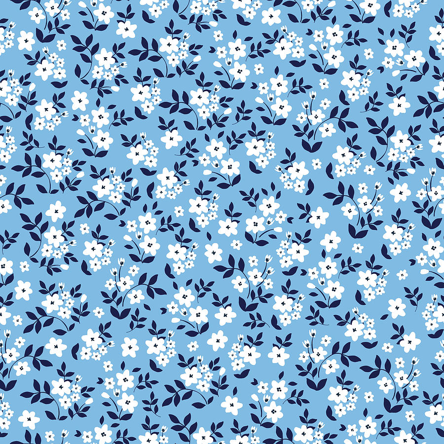 Seamless Vintage Patern. Blue Background, Small White Flowers. Illustration Texture. Drawing
