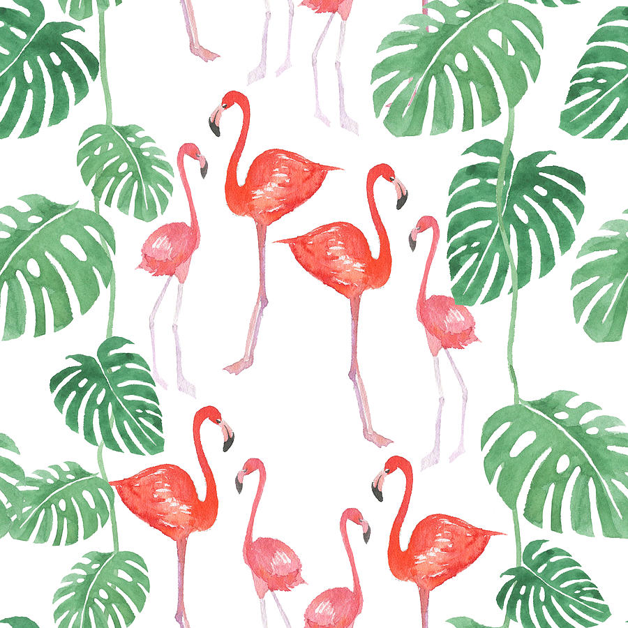 Seamless Watercolor Pattern With Flamingo Family With Leaves Drawing