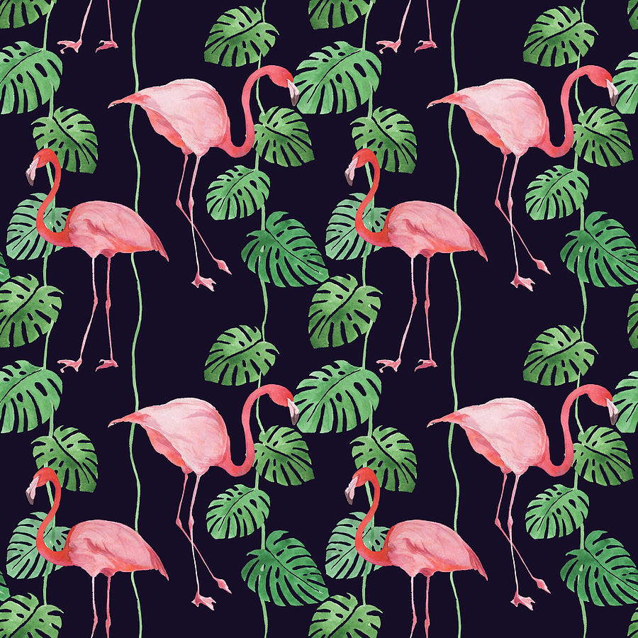 Flamingo Drawing - Seamless watercolor pattern with flamingo by Julien