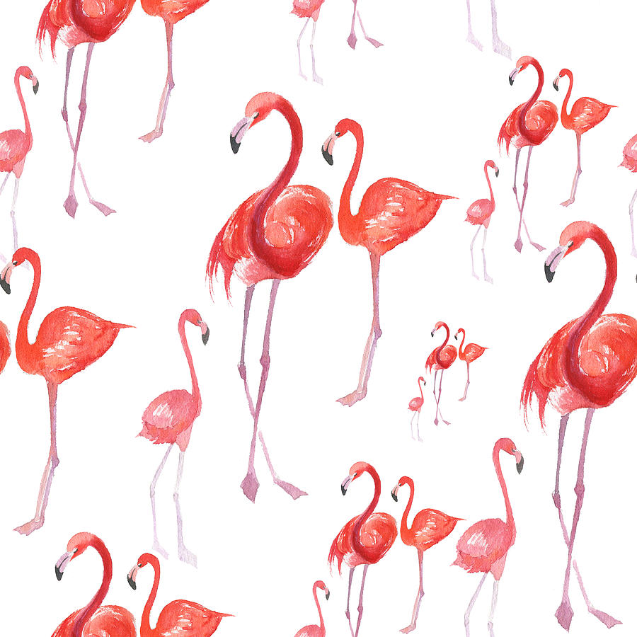 Seamless Watercolor Pattern With Flamingos Family Drawing