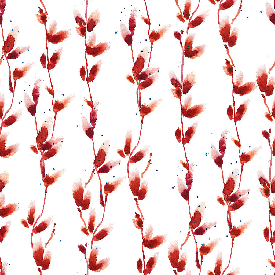 Seamless Watercolor Pattern With Pussy Willow Drawing
