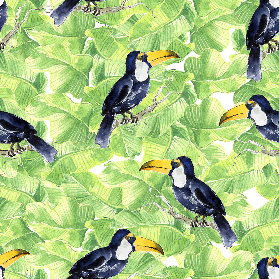 Seamless Watercolor Pattern With Toucan On Green Leaves Drawing