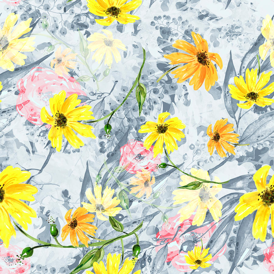 Seamless Watercolour Sunflowers Pattern. Watercolor Yellow Flowers, Rose, Poppy, Sunflower, Rudbeckia. Autumn Plant, Berry Branch, Currant. Floral Plant Art Background. Fabric, Scarf, Material. Drawing