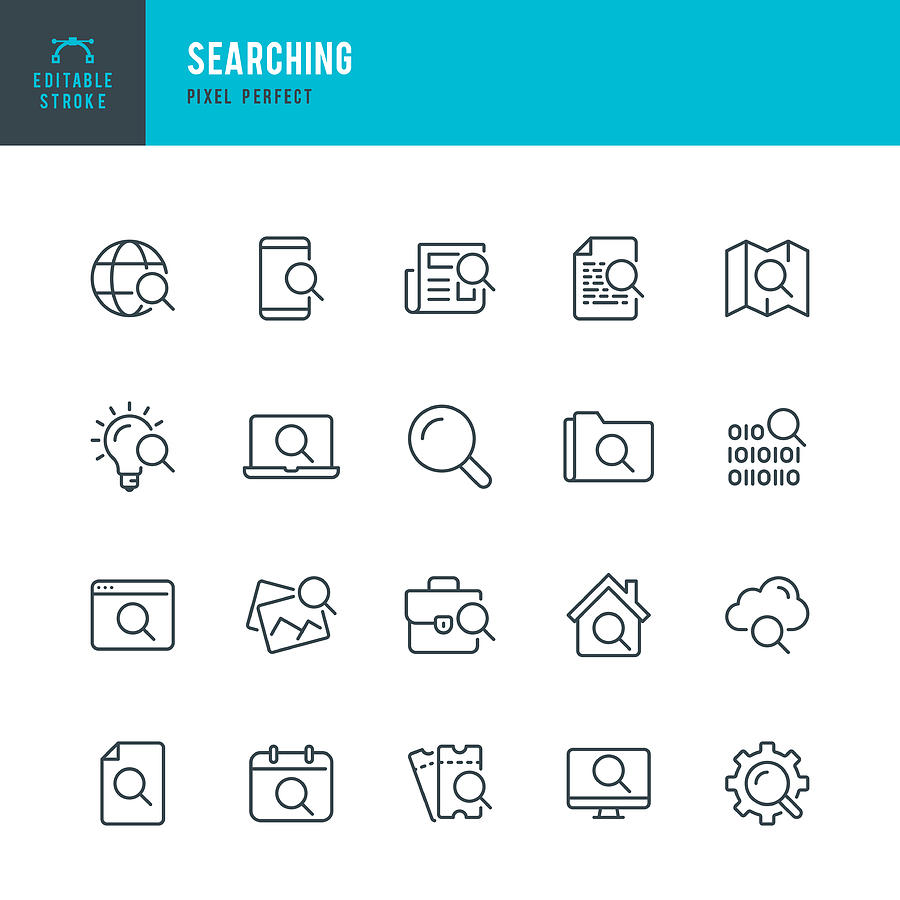 Searching - thin line vector icon set. Pixel perfect. Editable stroke. The set contains icons:  Magnifier, Big Data Analizing, Document Searching, Idea Search, Cloud Search, Internet Search. Drawing by Fonikum
