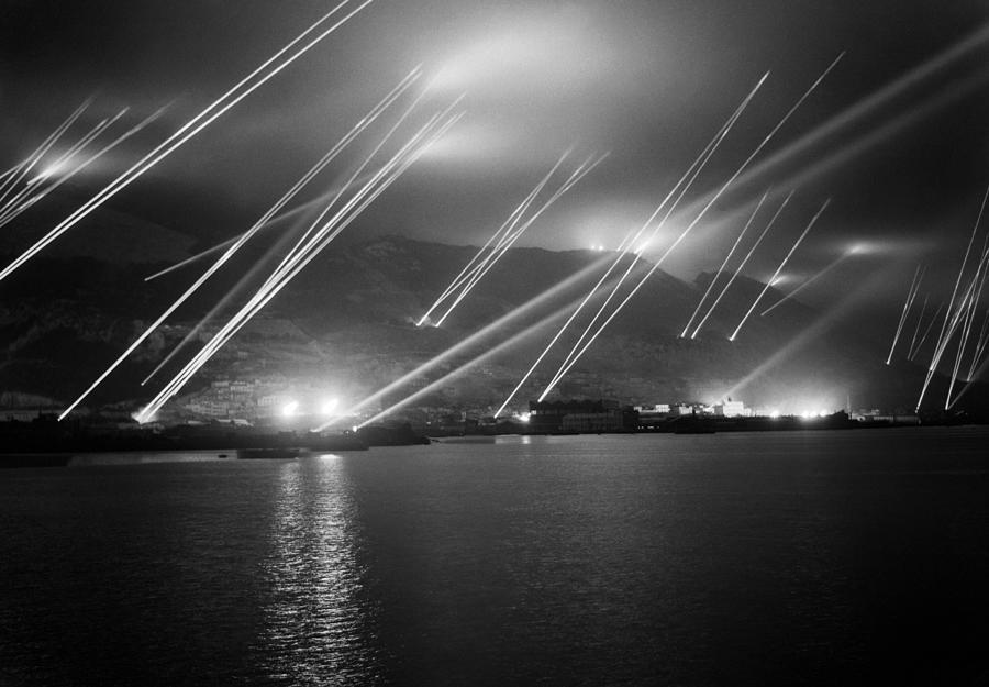 Searchlights Photograph - Searchlights In The Night Sky - The Rock Of Gibraltar - WW2 1942 by War Is Hell Store