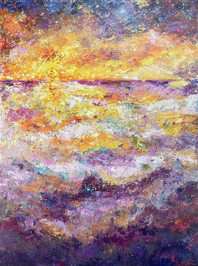 Abstract Painting - Seascape at Sunset in Spain by Cristina Stefan