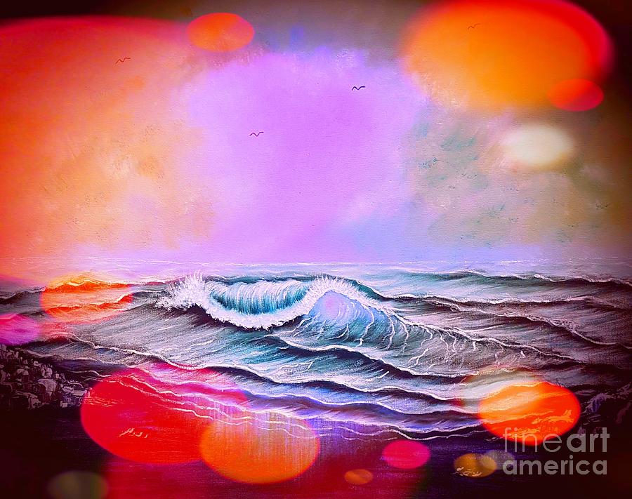 Seascape Enchantment Fire Red Stardust Glow Painting