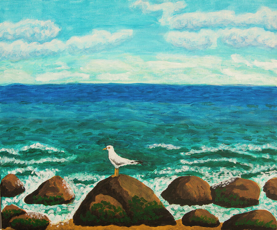 Seascape Seagull on stone Original acrylic painting on canvas Painting by Irina Afonskaya