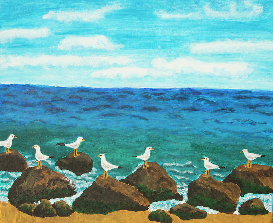 Seascape Seagulls on stones acrylic painting on canvas Painting by Irina Afonskaya