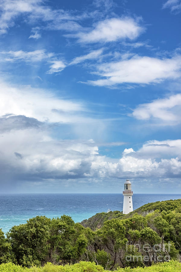 Seascape with Cape Otway lighthouse and national park. Great Ocean Road, Australia. This is the oldest working lighthouse in the state of Victoria. Photograph by Jane Rix