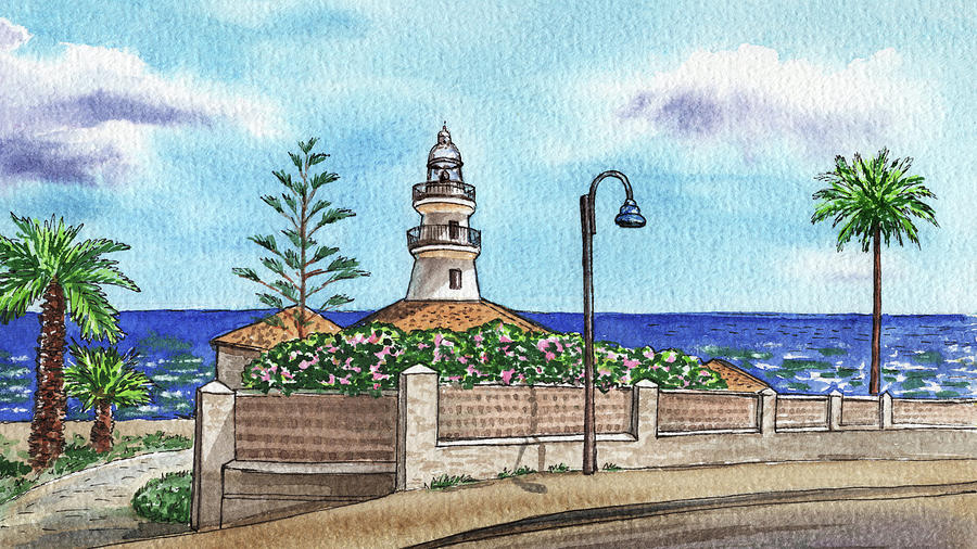 Seascape With Lighthouse Faro De Cullera Valencia Spain Sea Shore Watercolor  Painting by Irina Sztukowski