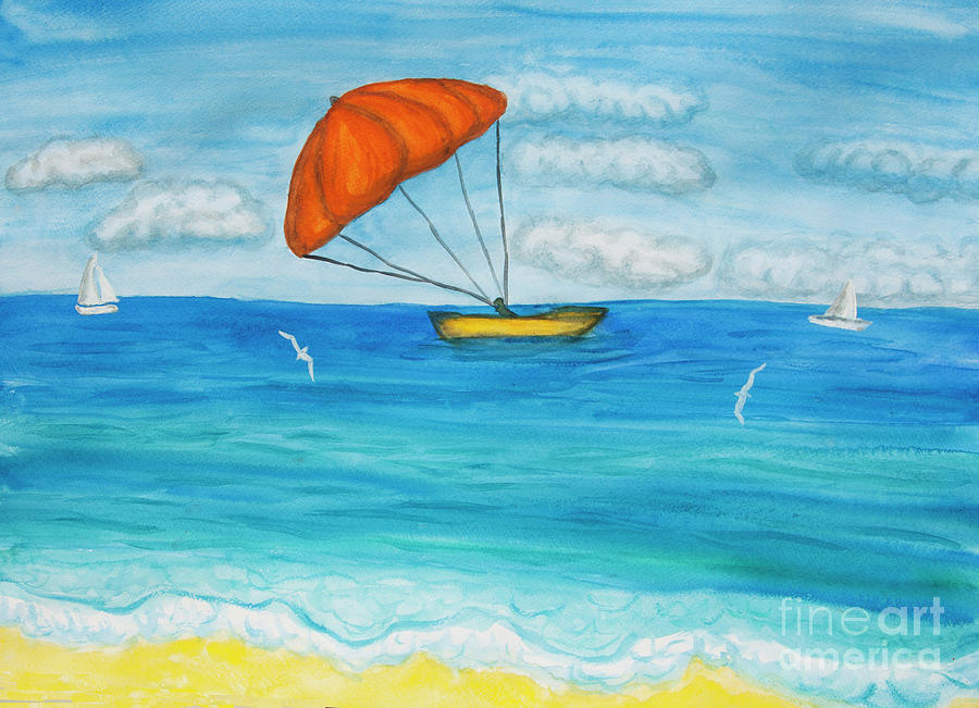 Seascape with orange parachute, watercolor painting illustration Painting by Irina Afonskaya