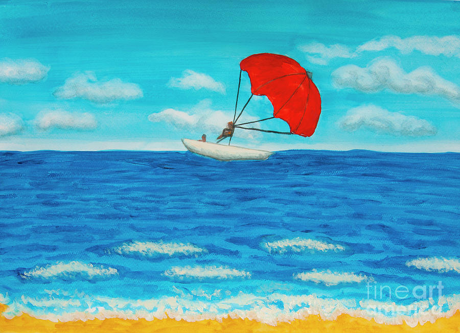 Seascape with red parachute, watercolor painting illustration Painting by Irina Afonskaya