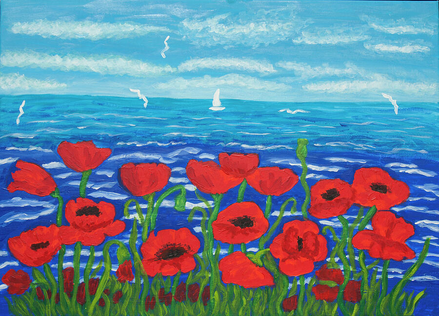 Seascape with red poppies Painting by Irina Afonskaya
