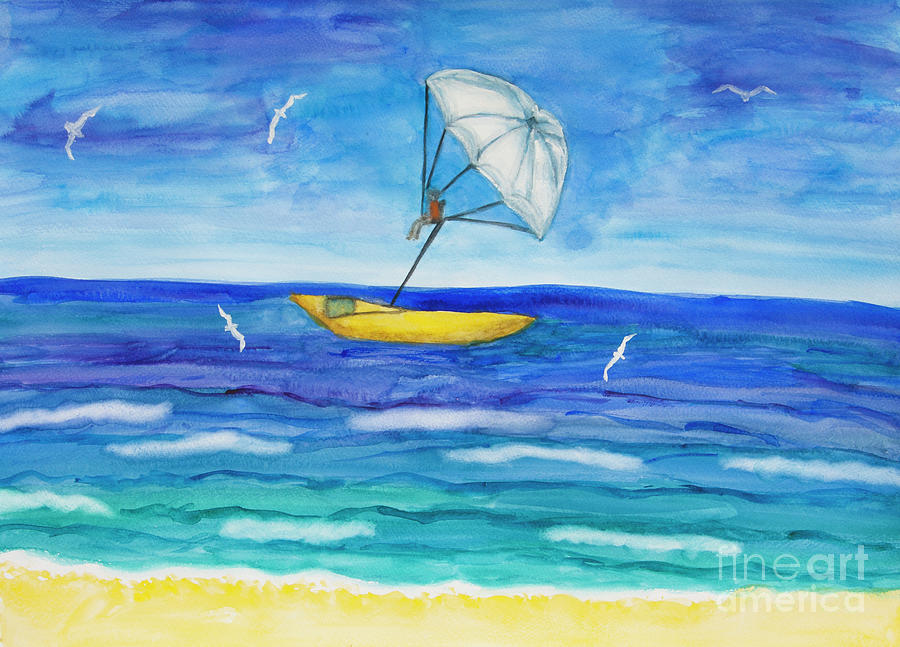 Seascape with white parachute and boat, watercolor painting Painting by Irina Afonskaya