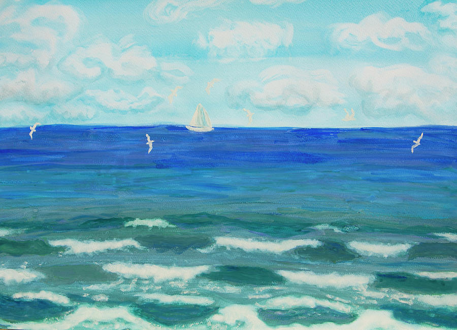 Seascape with white sail, painting Painting by Irina Afonskaya