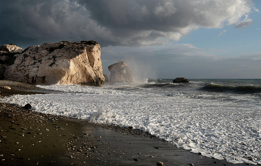 Seascape with windy waves during stormy Rock of Aphrodite Paphos Cyprus. Photograph by Michalakis Ppalis