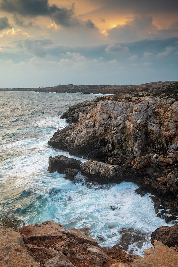 Seascape with windy waves during stormy weather at sunset. Photograph by Michalakis Ppalis