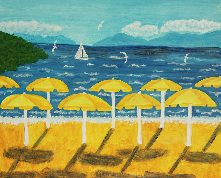 Seascape with yellow beach umbrellas acrylic painting on canvas Painting by Irina Afonskaya