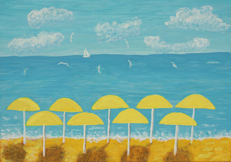 Seascape with yellow beach umbrellas Painting by Irina Afonskaya