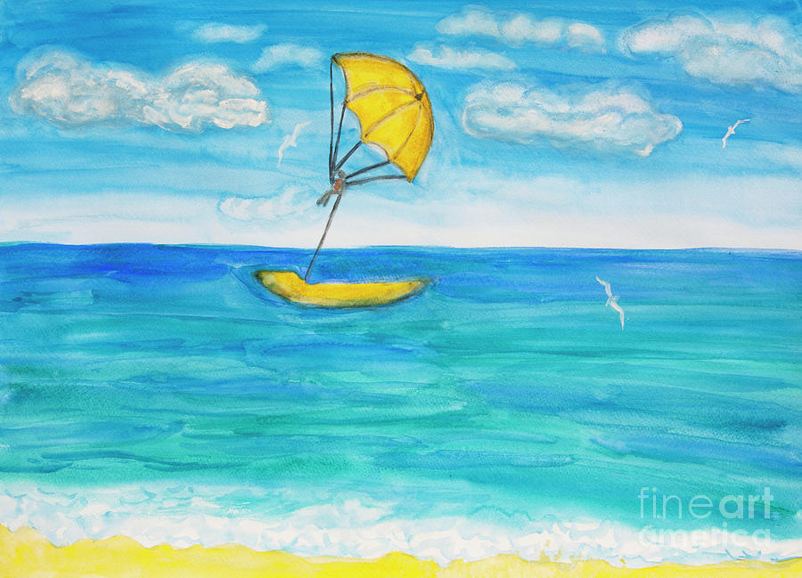 Seascape with yellow parachute and boat, watercolor painting Painting by Irina Afonskaya