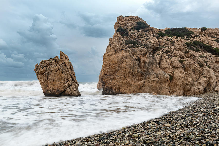 Seascapes with windy waves. Rock of Aphrodite Paphos Cyprus Photograph by Michalakis Ppalis
