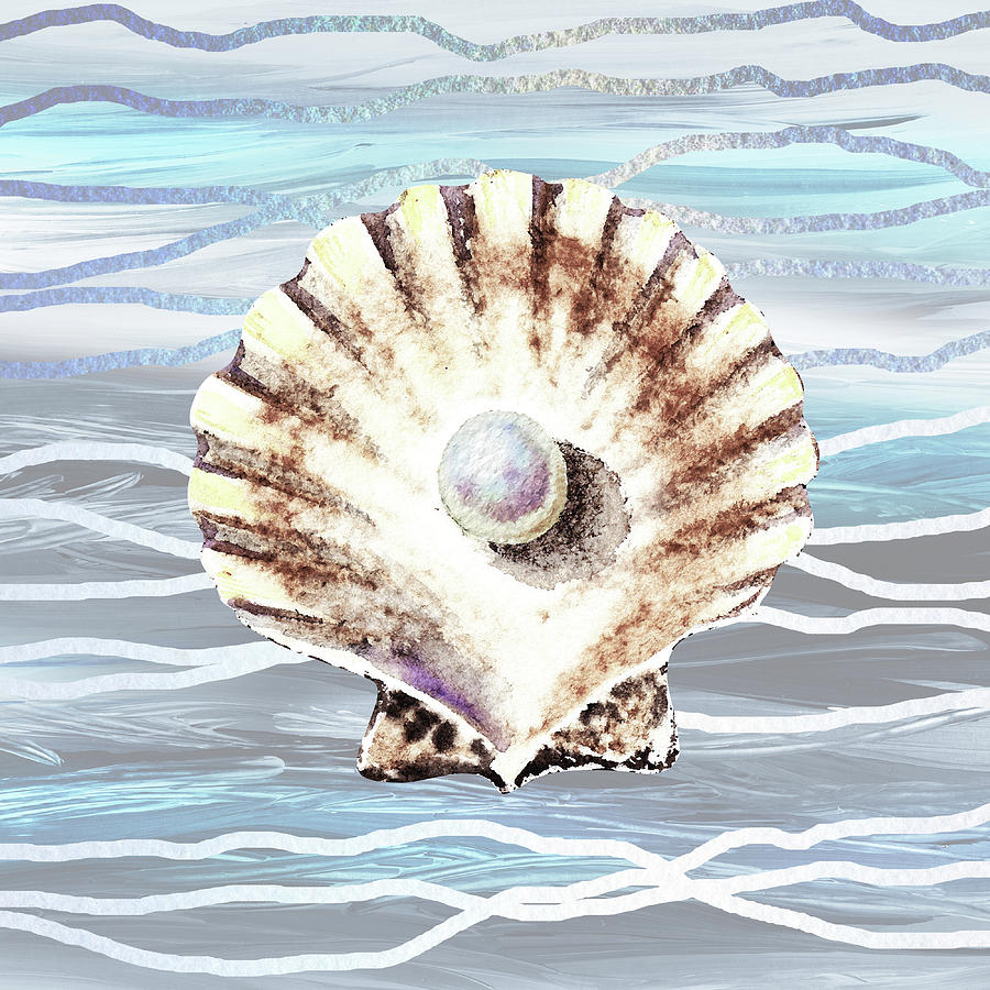 Seashell On Teal Blue Beach House Nautical Painting Decor V Painting