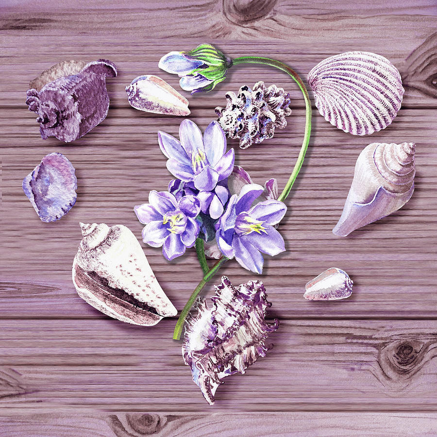 Seashells In Form Of A Heart With Purple Flower Beach Watercolor Art  Painting by Irina Sztukowski