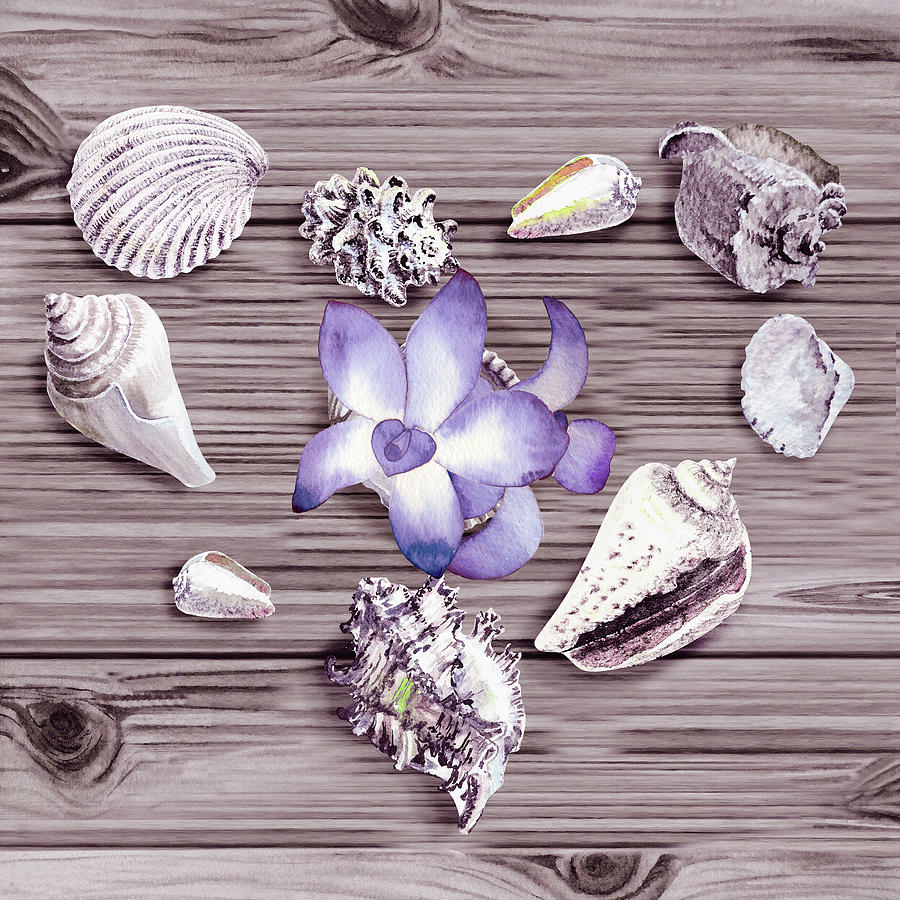 Seashells In Form Of A Heart With Purple Orchid Flower Beach Watercolor Art  Painting by Irina Sztukowski