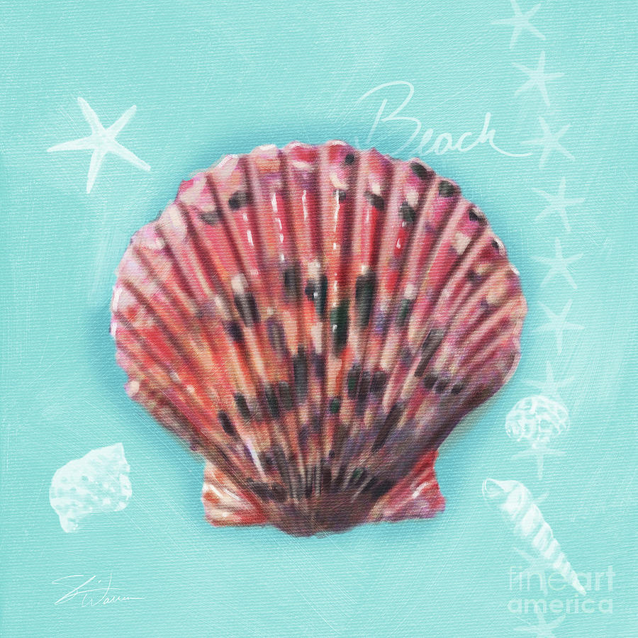 Seashells on Teal Blue-Beach Mixed Media by Shari Warren