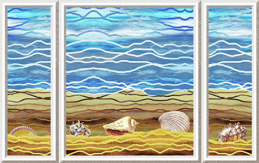 Seashells On The Shore Beach House Window View Watercolor Painting by Irina Sztukowski