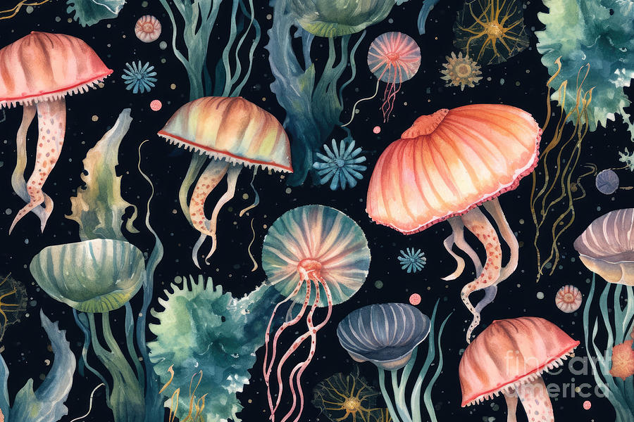 Seahorse Painting - Seashells Starfish Seahorses And Jellyfish Corals And Bubbles Wa by N Akkash