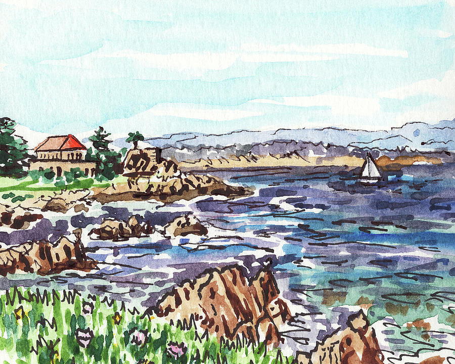 Seashore With Rocky Beach Ocean Bay Watercolor Painting by Irina Sztukowski