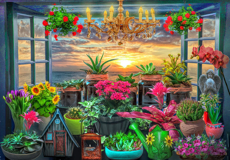 Seaside Garden in a Window Digital Art by Debra and Dave Vanderlaan