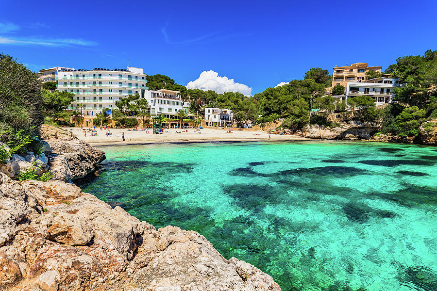 Seaside on Mallorca island, beautiful Cala Santanyi beach bay, Spain ...