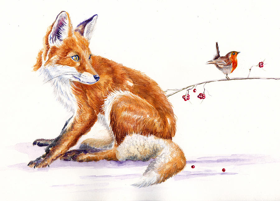 Fox and Robin - Seasonal Greetings Painting by Debra Hall