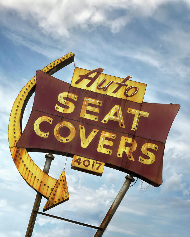 Seat Covers Neon Sign - Route 66 - St Louis Photograph by Susan Rissi Tregoning