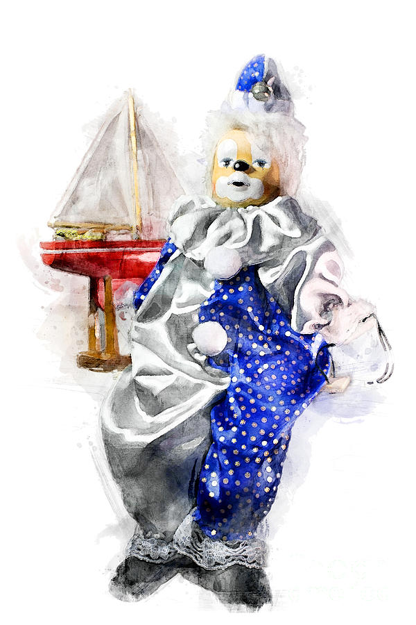 Seated doll clown and red boat reminiscent of childhood watercolor Painting by Gregory DUBUS