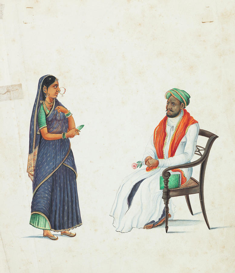 SEATED MALE FIGURE AND GIRL South India, circa 1830-40 Painting by Artistic Rifki
