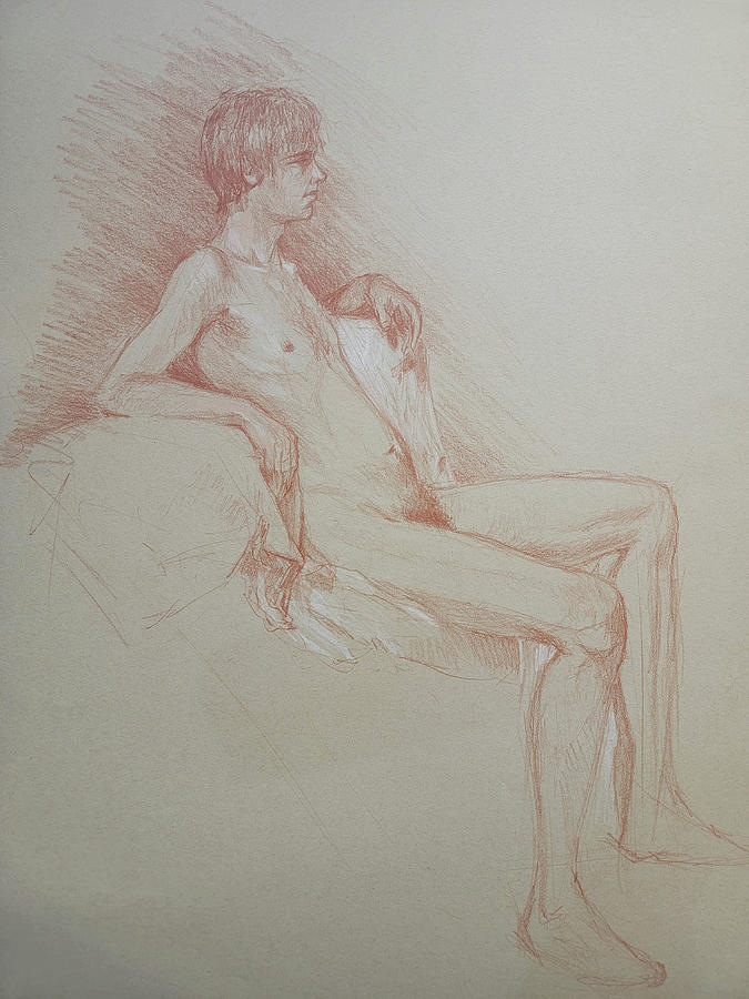 Seated Male Nude Drawing by James Andrews