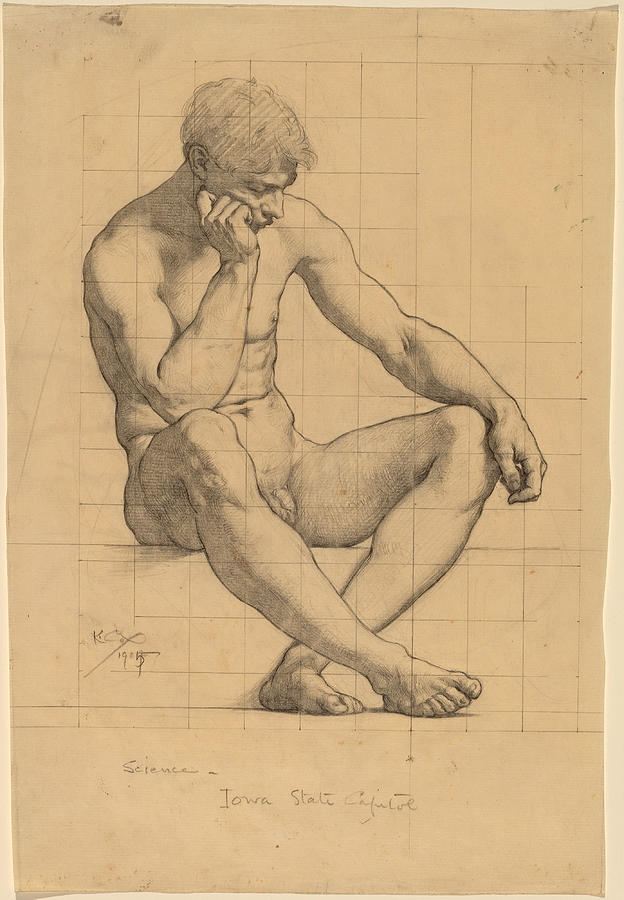 Seated Male Nude, Study for Science. Iowa State Capitol  Drawing by Kenyon Cox